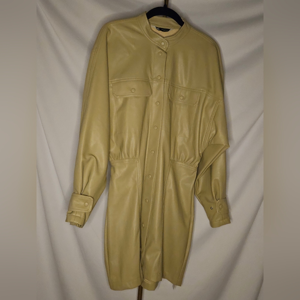 Zara Tan Faux Leather Utility Mini Shirt Dress
